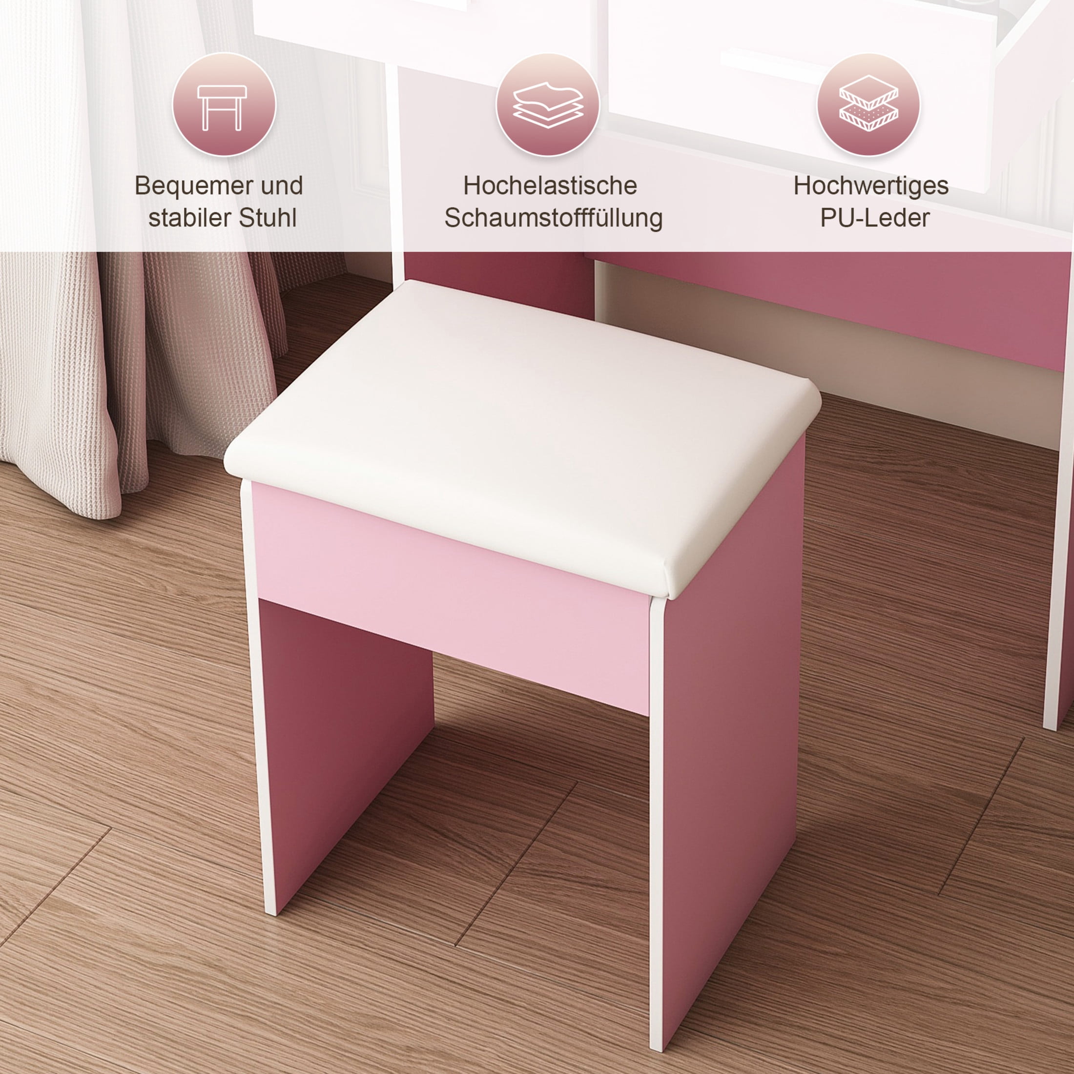 Noble House Makeup Vanity Desk with Stool, LED Mirror, Hidden Storage and Power Outlet, Pink