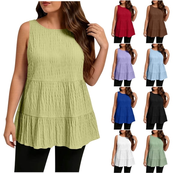 Favoffer Women's Plus Size Tank Tops Round Neck Sleeveless Solid Color Casual Loose Lightweight Breathable Summer Blouse