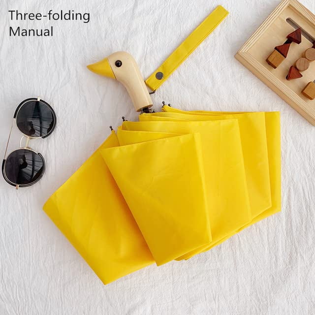 Cute Duck Head Wooden Handle Folding Umbrella for Sun and Rain Protection
