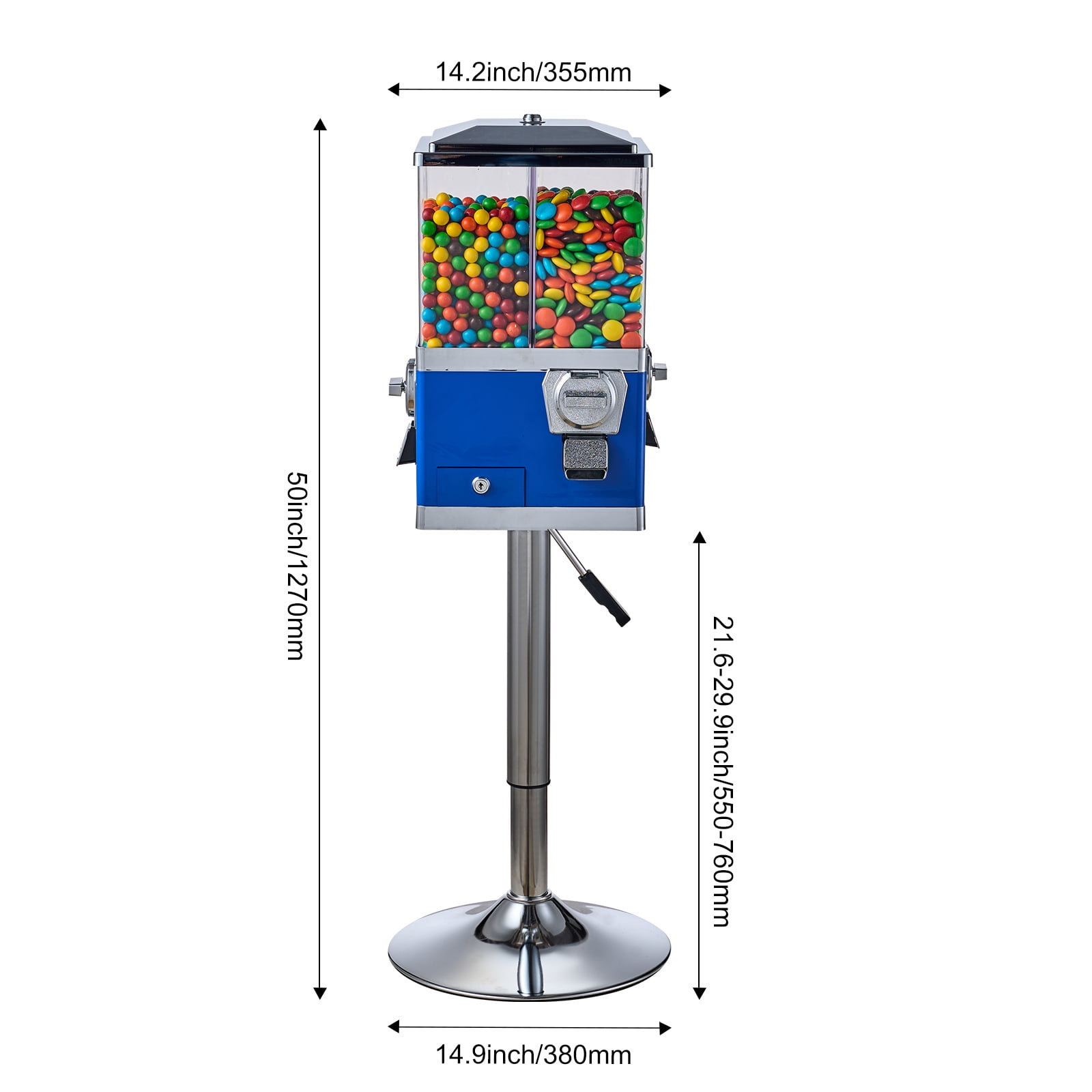 KFFKFF Industrial Candy Machine, Quad Section Swivel Sweet and Gumball Vendor, Modifiable Elevation Coin-Driven Candy Repository with Metal Base