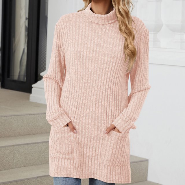 Hot6sl Women's Solid Color Half High Neck Loose Pocket Long Sleeve Top