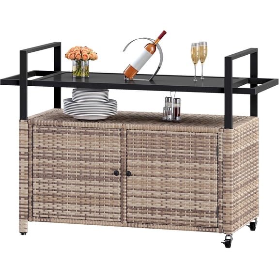 DWVO Patio Storage Cabinet,Outdoor Bar Cart with Glass Top,Outdoor Storage Table with Wheels for Patio, Poolside and Backyard,Light Brown