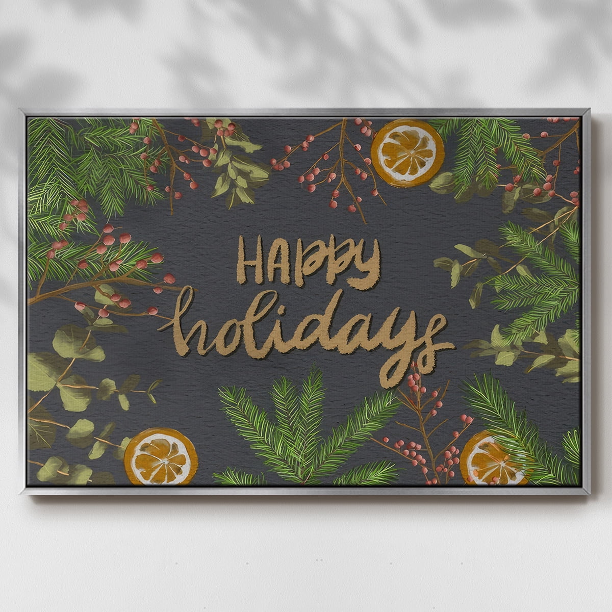 Holiday Sentiment II - Framed Gallery Wrapped Holiday Canvas - 27 x 41 - Silver Frame