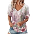 thumbnail image 2 of Uootdi Womens Tops V Neck Eyelet Texture Floral Print Short Sleeve Shirts Loose Fit Beach Stroll Casual Everyday Tees Gift, 2 of 6