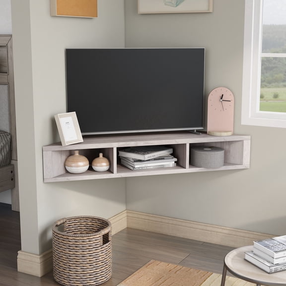 Sukhumi 3-Shelf Wood 42" Corner Floating TV Stand, White Oak