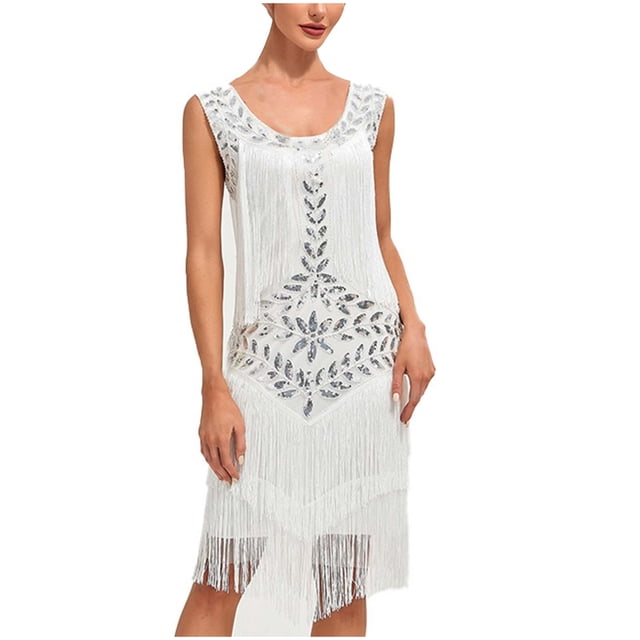 Pisexur Robe Sans Manches à Col Rond Hauteur Genou Women Robe Sans Manches à Col Rond à Paillettes avec Franges Robe de Fête Robe de Banquet Robe de Danse Robe Mini Women Robe