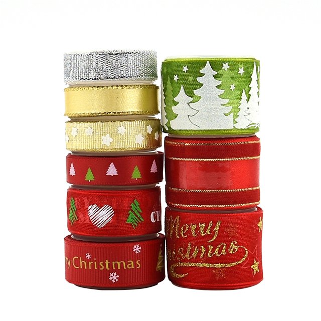 1 Set Christmas Printing Ribbon Gold Stamping Satin Ribbon Christmas Theme Wrapping Ribbon (Multi-color)