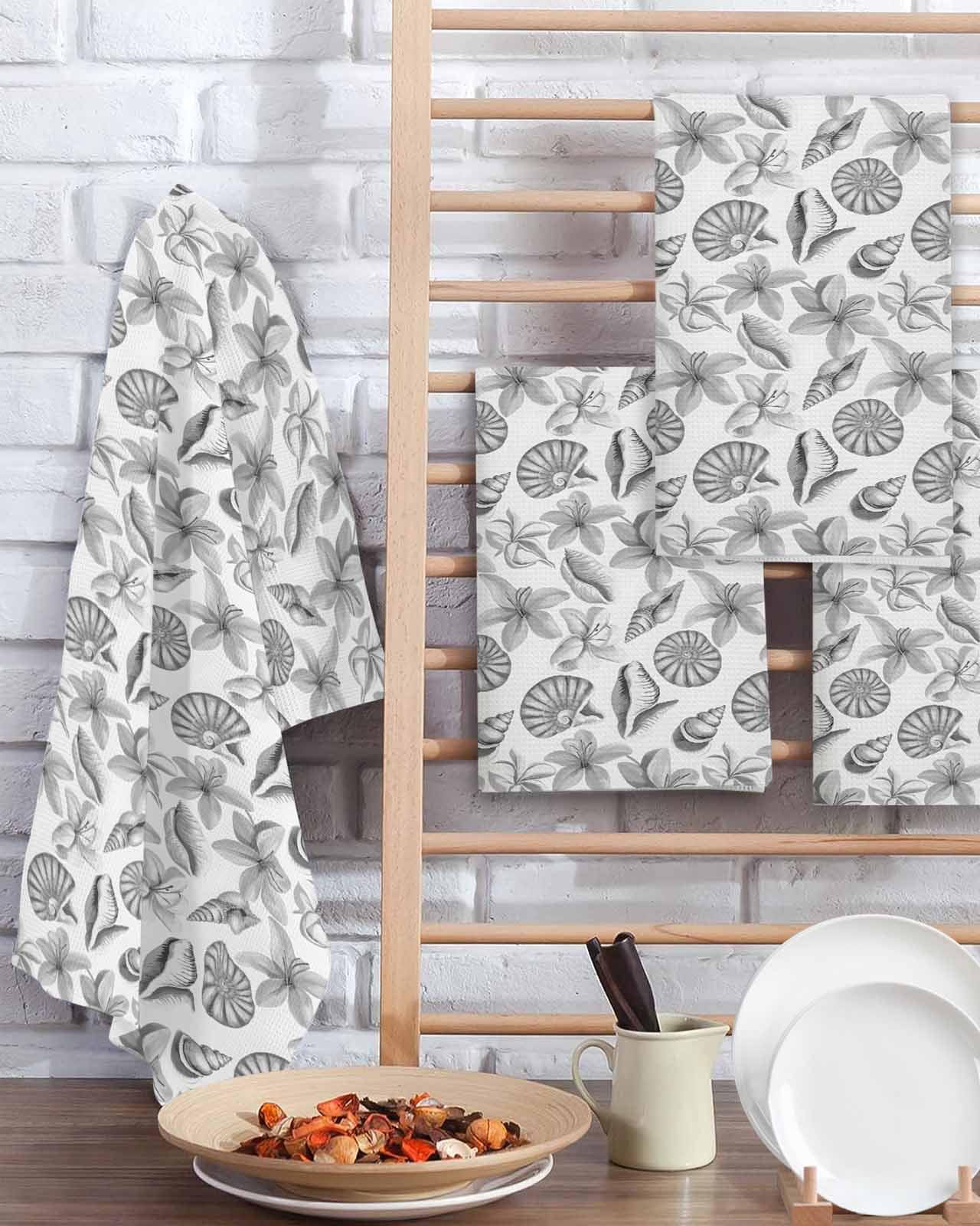 Grey Coastal Kitchen Dish Towels for Drying Dishes Set of 2, Shell Floral Ocean Retro Waffle Weave Microfiber Terry Hand Tea Bathroom Towels Quick Dry & Absorbent Towel 15.7x23.6