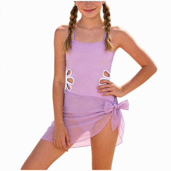 Bosanter Girls Swimsuit One Piece Bathing Suit for Girls Cut Out Solid Swimwear with Cover Up Comfortable Stylish Hawaii Swimwear Bathing Suit for Beach, Light Purple 11-12Y