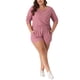 thumbnail image 2 of Conjunto de pijama de dos piezas de waffle de talla grande para mujeres, con blusas de manga larga y pantalones cortos, color rosa oscuro 1X, 2 of 6