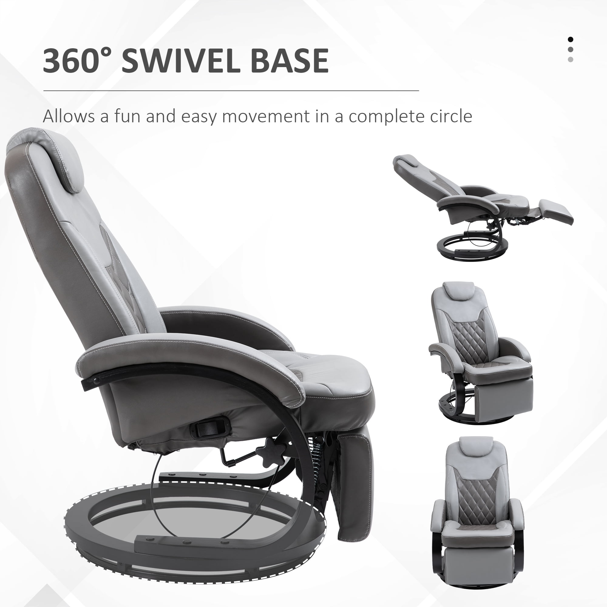 HOMCOM PU Recliner Reading Armchair with Footrest, Headrest and Round Steel/Wood Base for Living Room or Office, Gray