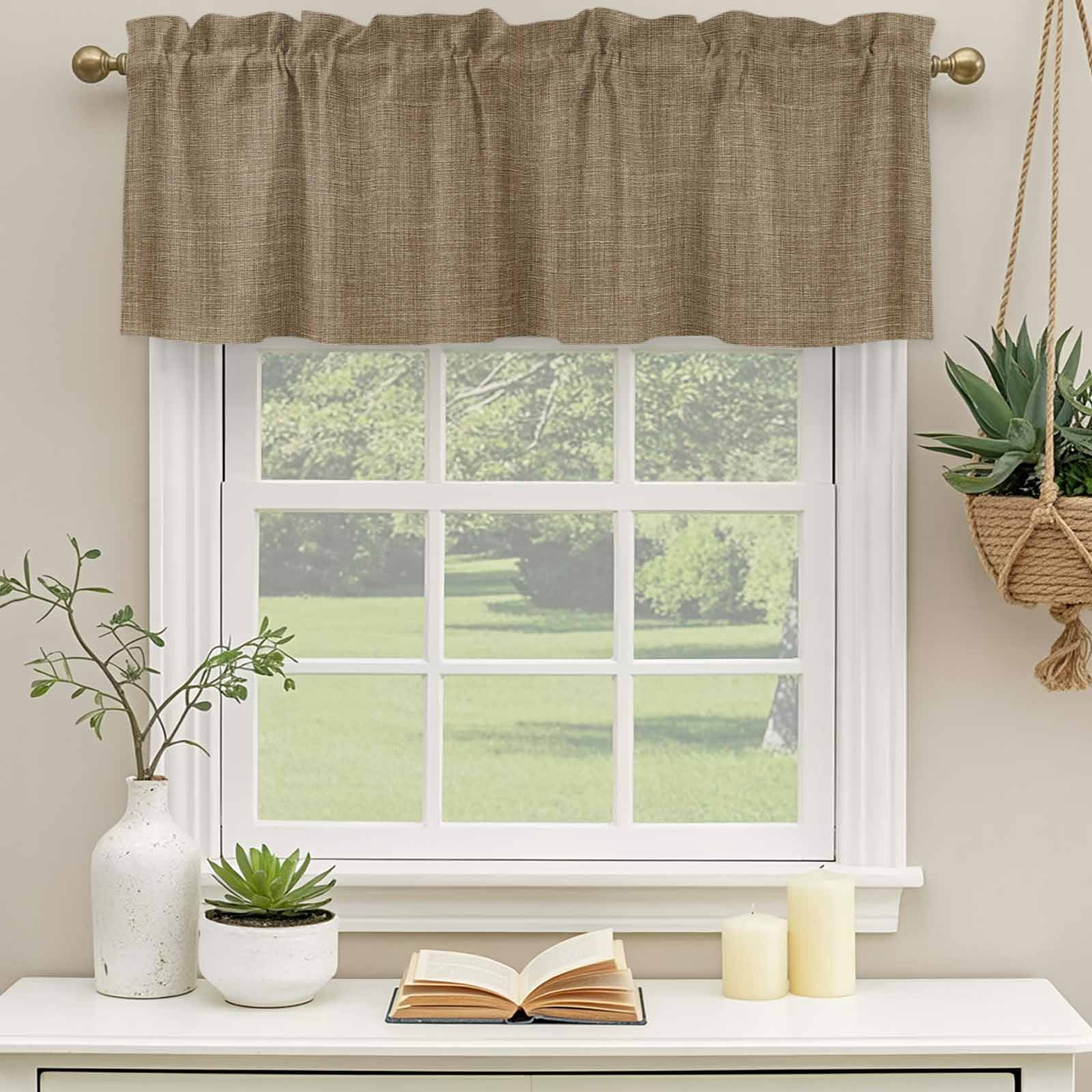 Vintage Brown Curtain Valances for Windows, Kitchen Valance Window Treatments Panel 2 Pack, Farmhouse Retro Dark Solid Color Linen Texture Rod Pocket Short Curtains for Bathroom Bedroom 60 x 18 Inch