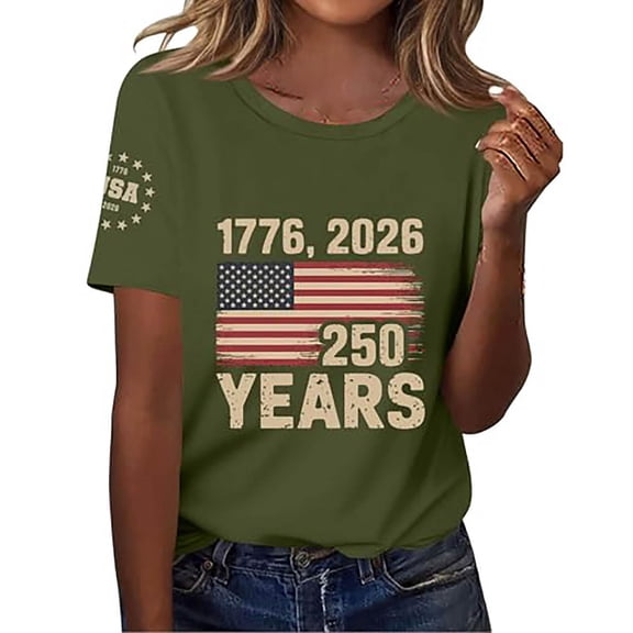 USA 250th Anniversary Print Tee Short Sleeve Round Neck Casual Daily Outfits Army Green L