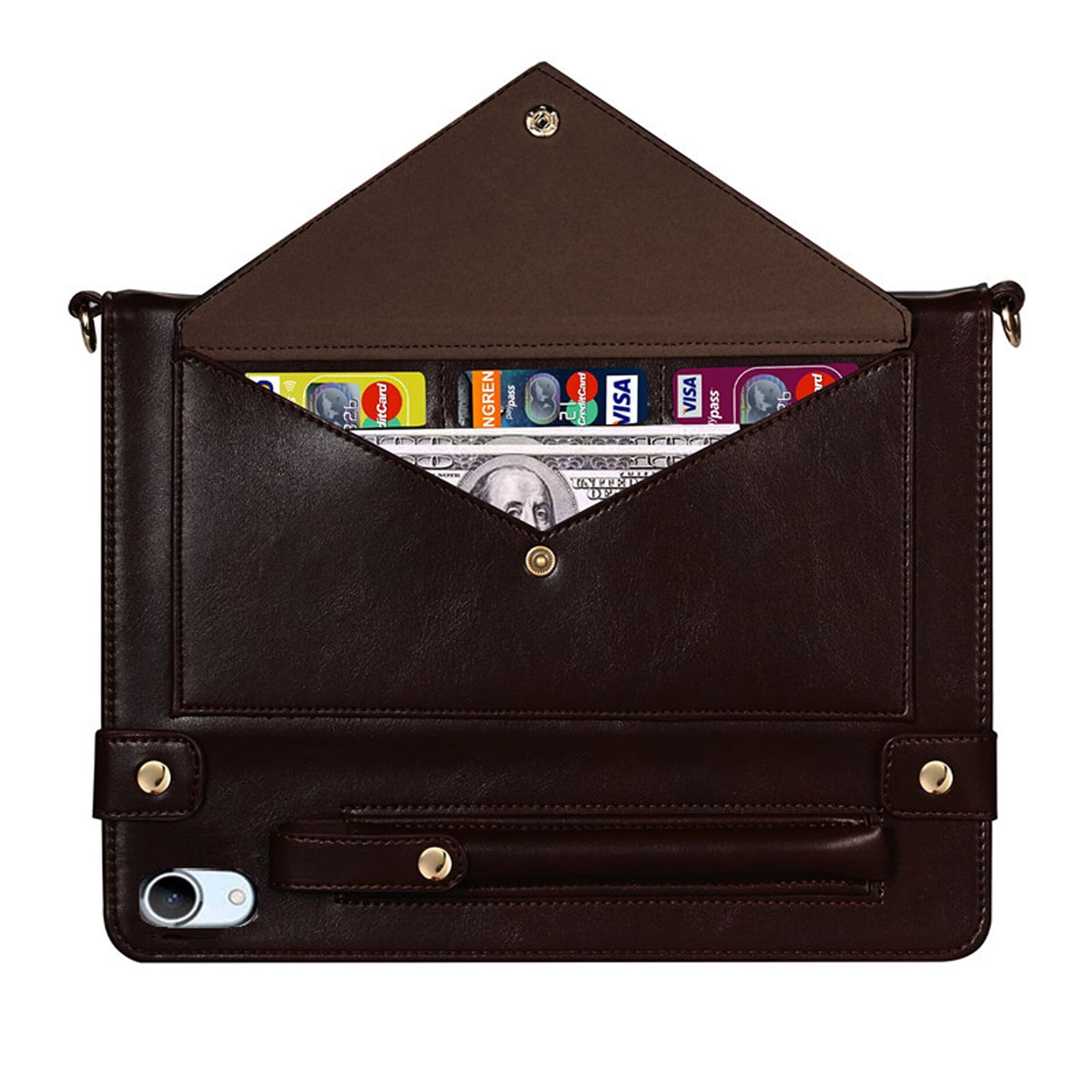 for iPad (A16) 11th Gen 2025 / iPad 10th Gen 10.9" 2022 PU Leather Case, with Pencil Holder, Money Pocket, Shoulder/Hand Strap, Card Slots Kickstand Flip Cover, Full Body Protection, Dark Coffee