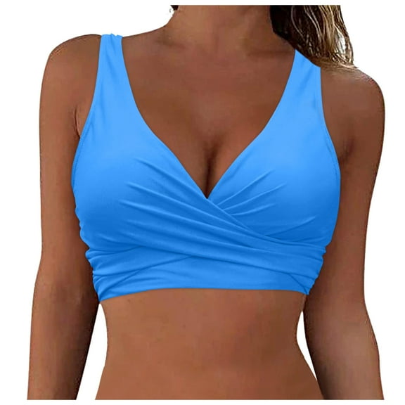 Aayomet Women Underwire Full Coverage Bikini Top Only Criss Cross Push Up Swim Crop Top Tie Back Bathing Suit (Sky Blue, L)