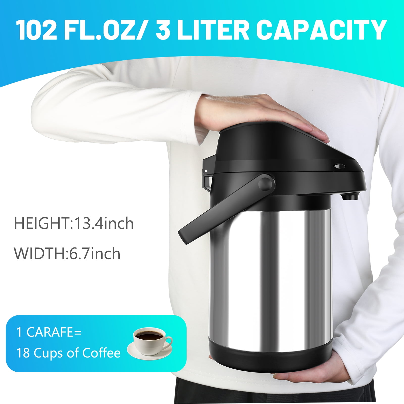SSAWcasa 102oz Airpot with Pump Stainless Steel Coffee Carafe Insulated Coffee Dispenser for Hot/Cold Beverages - 12 Hours Heat Retention