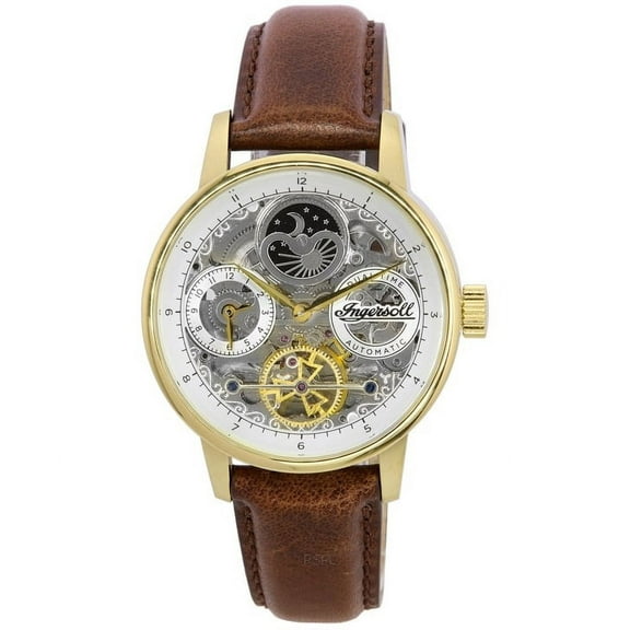 Ingersoll The Jazz Moon Phase Leather Strap Skeleton Gold Dial Automatic I07704 Men's Watch