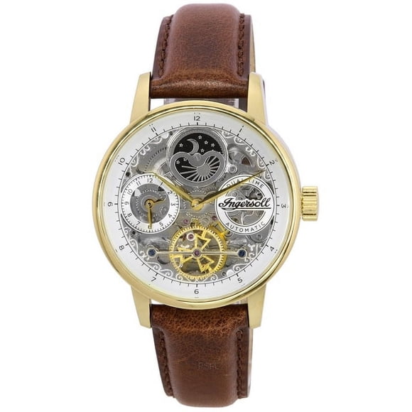 Ingersoll The Jazz Moon Phase Leather Strap Skeleton Gold Dial Automatic I07704 Men's Watch