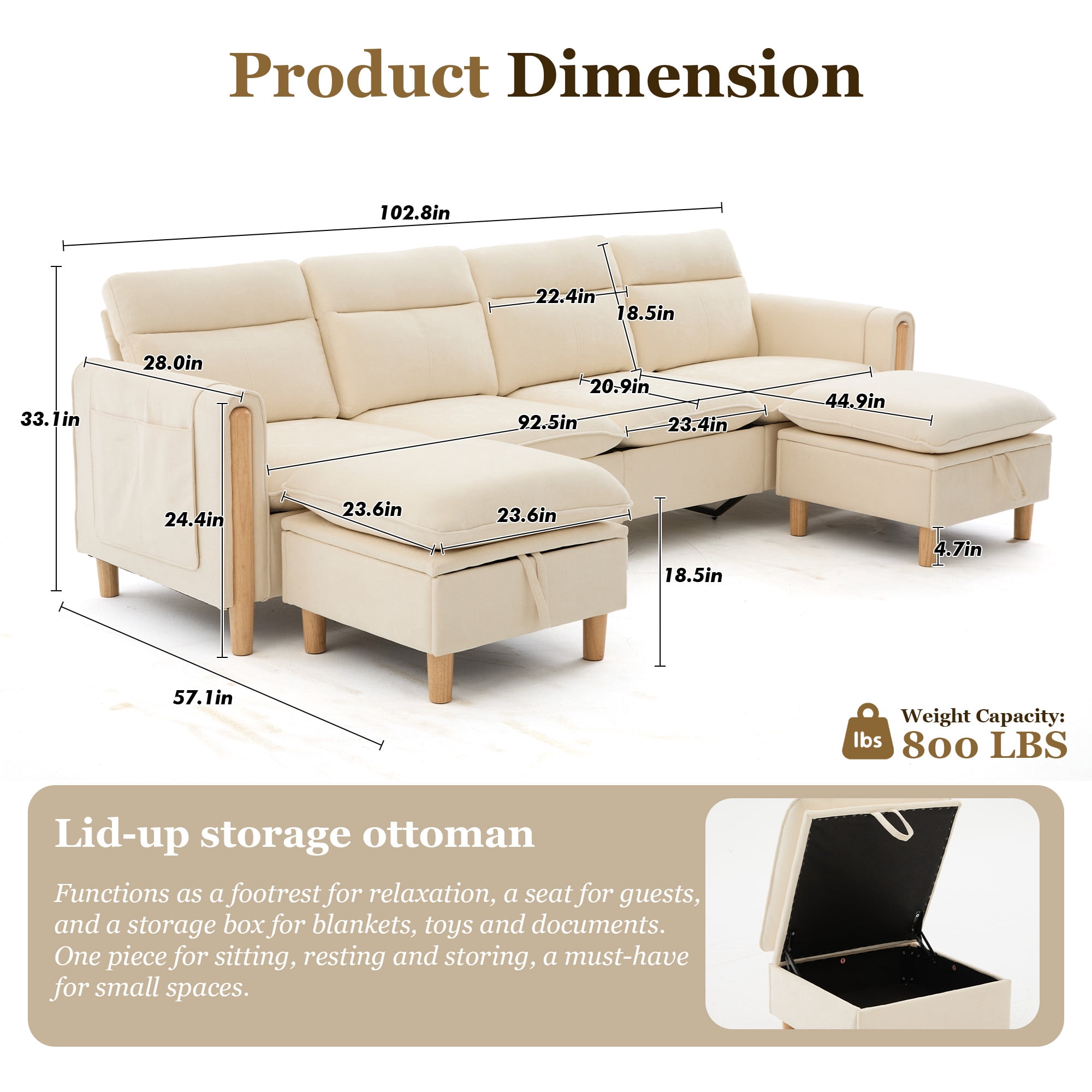 MOONMISS 4-Seater Chenille Sectional Sofa with 2 Storage Ottoman & Side Pocket Convertible Chaise Lounge for Living Room,Beige