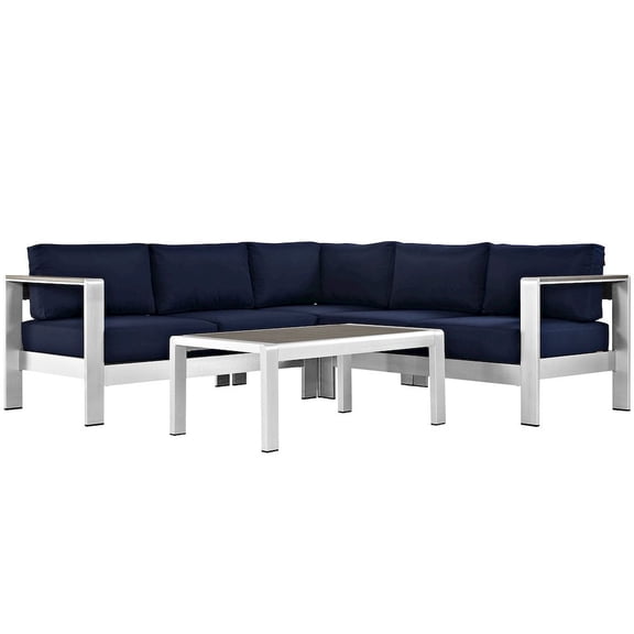 Modway Shore 4 Piece Outdoor Patio Aluminum Sectional Sofa Set in Silver Navy