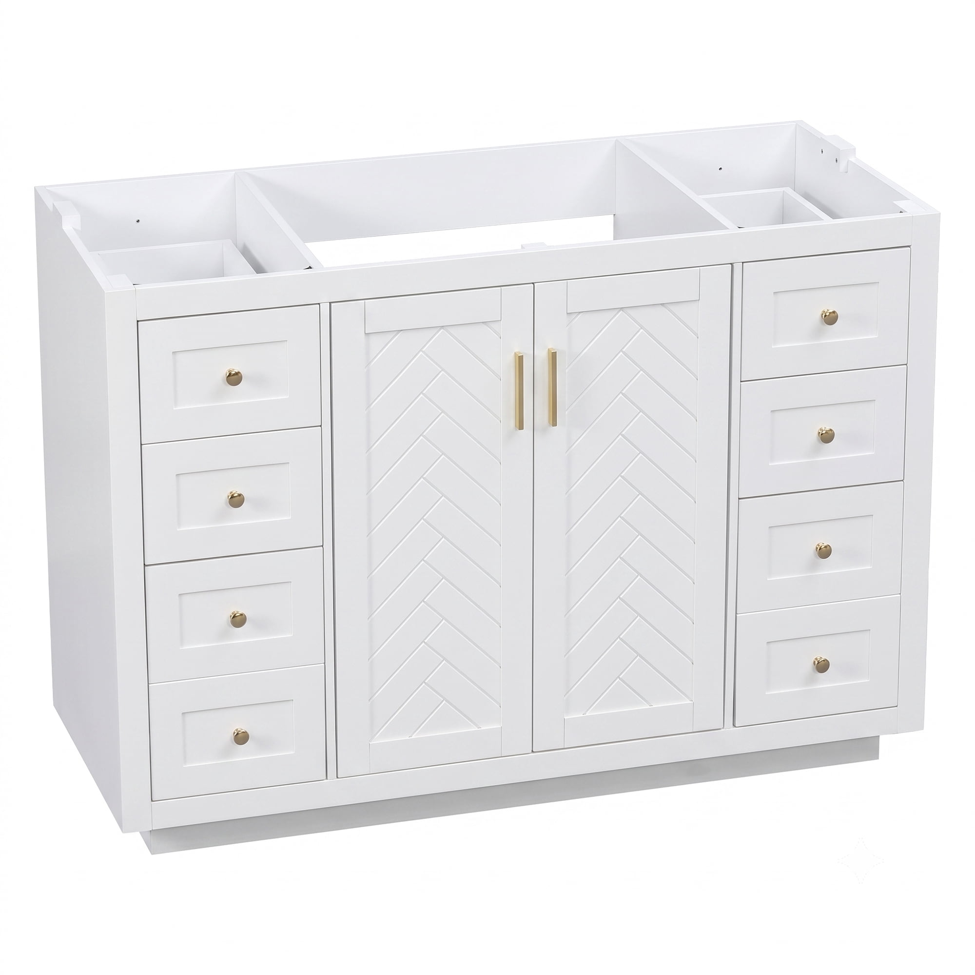 48" Classic Bathroom Vanity Cabinet, Freestanding MDF Vanity Base with 6 Drawers and 2 Soft-close Doors, White Storage Cabinet with Gold Handles, Cabinet Only Without Sink