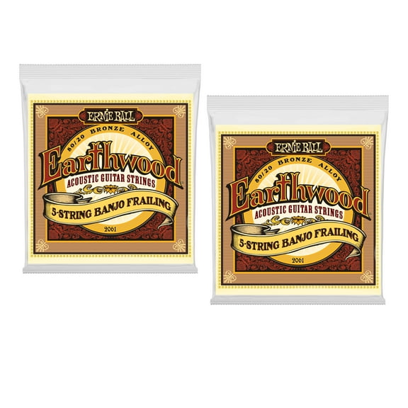 2 PACK Ernie Ball 2061 Earthwood 80/20 Bronze 5-String Banjo Frailing Strings