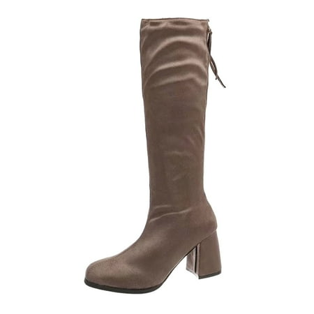

TAIAOJING Women Boots Fashion Autumn And Winter Knee Boots High Heel Thick Heel Round Toe Back Zipper Solid Color Comfortable Shoes