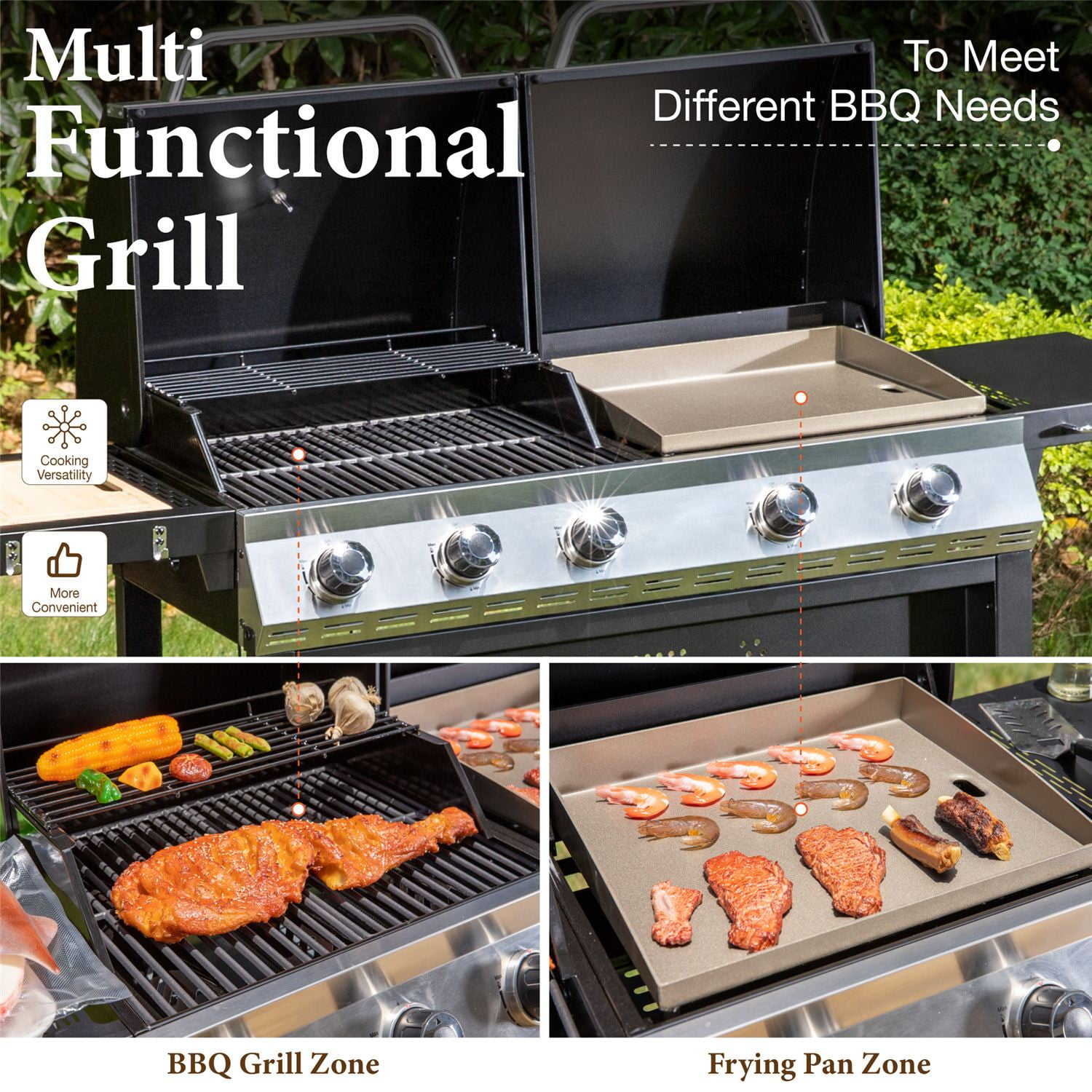 MF Studio 5-Burner Outdoor Propane Gas Grill and Griddle Combo BBQ Grill with Lid 54,000 BUT