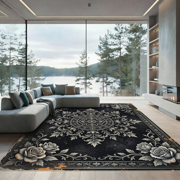 ODIKA 4' x 6' Machine Washable Non-Slip Area Rug, gothic floral High Traffic Rug, Black, 1145303