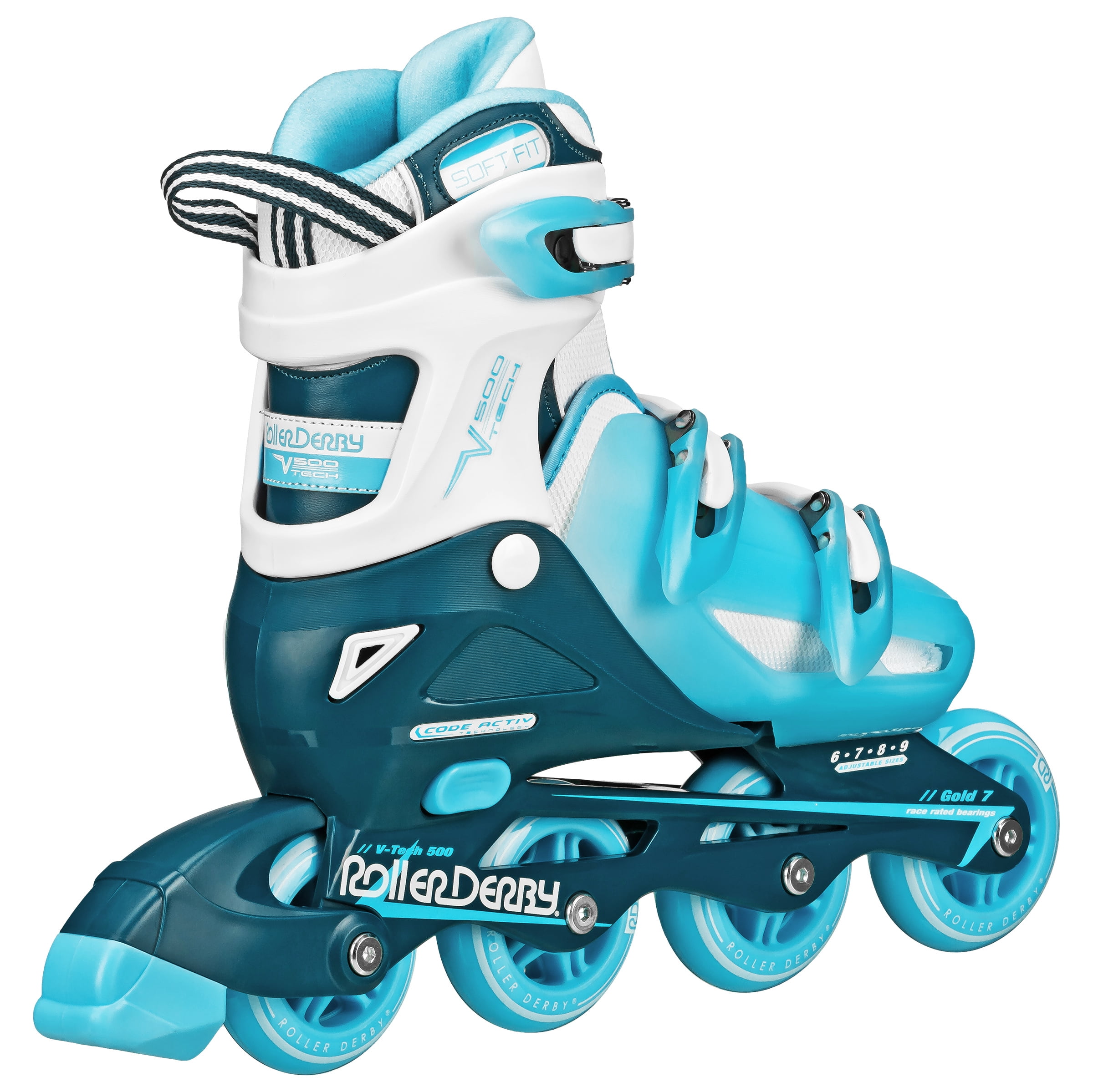 Roller Derby V-Tech 500 Women's Inline Skate with Adjustable Sizing, White/Blue