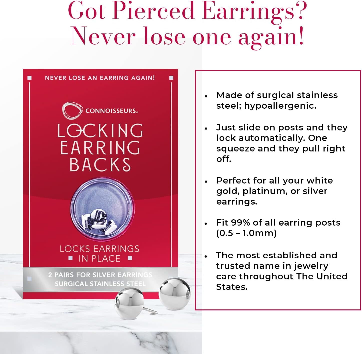 Locking Earring Backs - Hypoallergenic Earring Backs for Studs, Hoops, and More - Never Lose an Earring Again