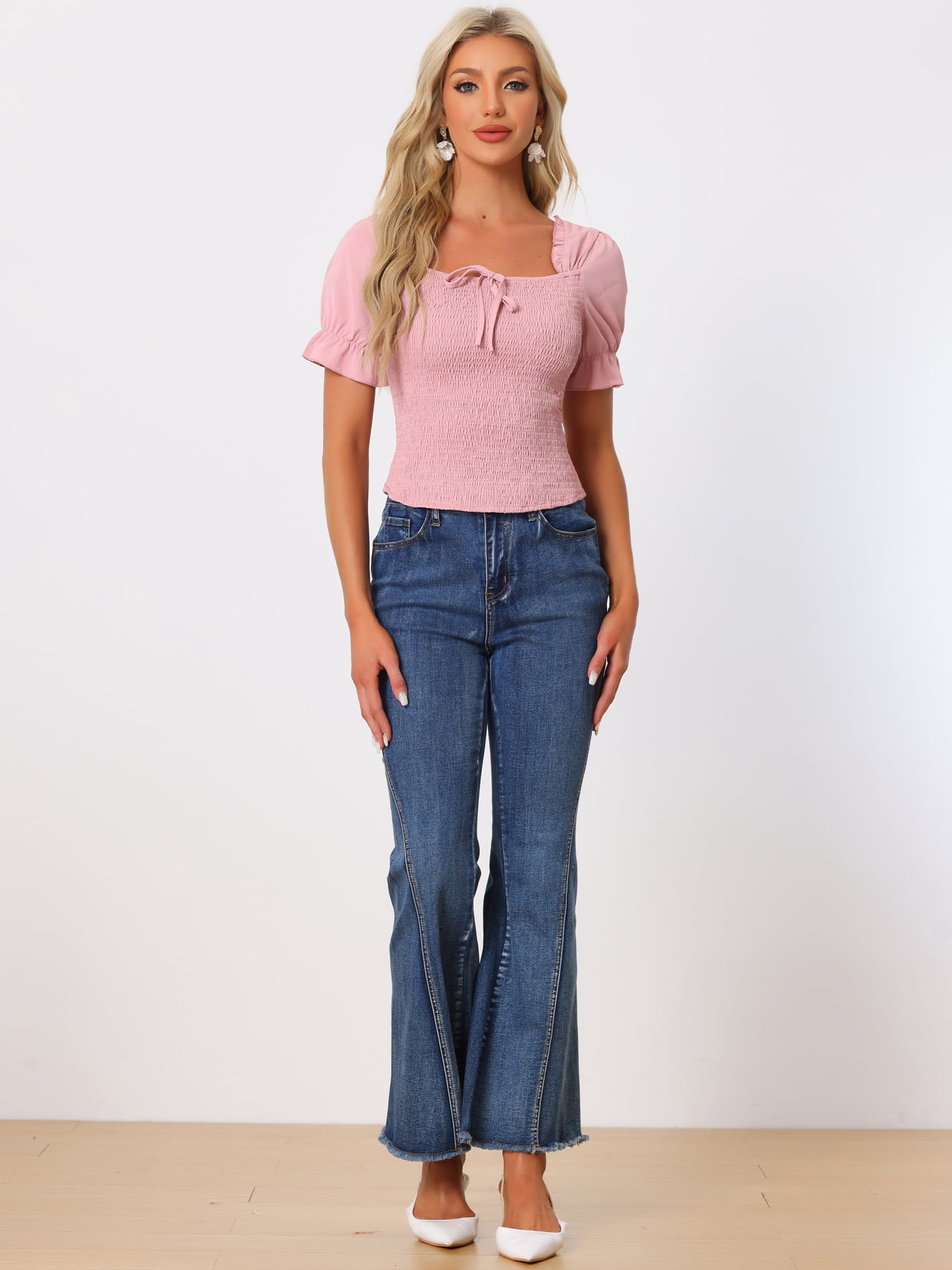 DARING DIVA Women's Smocked Square Neck Short Sleeve Ruffle Shirred Tops M Pink