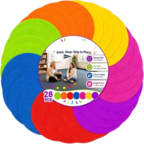 RLESO 28Pcs Carpet Spot Markers-Carpet Dots for Classroom Carpet Floor 4In Circle Dots 7 Colors Floor Dot for Decoration Elementary Teachers Student Kindergarten Yoga Standing