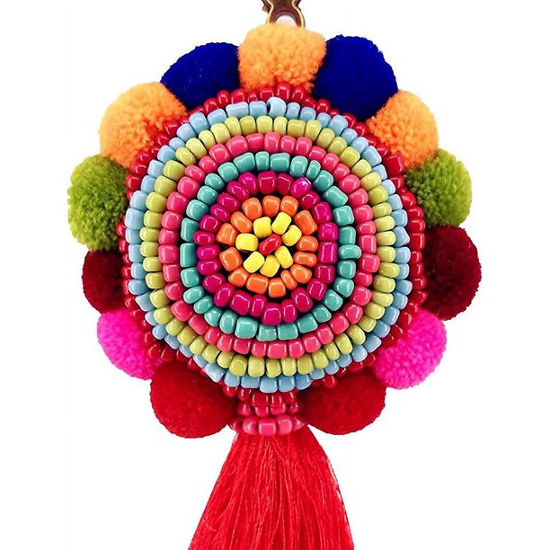 Llavero con colgante de bolso largo bohemio con borlas y pompones grandes, llavero para mujer, bolso, decoración