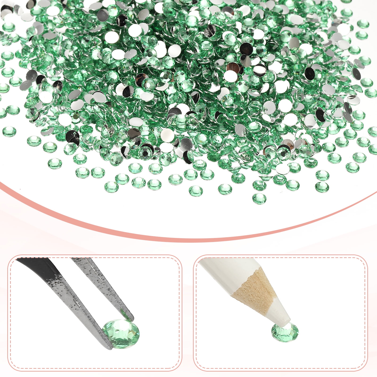 1-Set Resin Flatback Rhinestone, 5mm Flat Back Rhinestones Crystals Bulk for Crafts/Clothes/Nail Decoration, 15000 Pack with 1 Wax Pen and 1 Tweezer [Light Green]