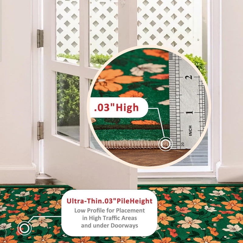 2'x6' Runner Rug Boho Floral Small Non-Slip Low Pile Throw Rugs for Entryway Kitchen Front Door Indoor Entrance Entry Kids Room Green