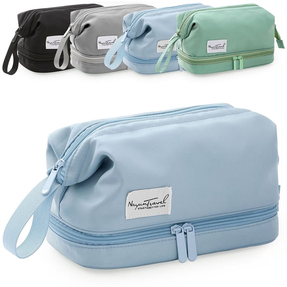 Deago Double Layer Makeup Bag Large Travel Cosmetic Case Make up Organizer Portable Toiletry Bag for Women and Girls, Blue