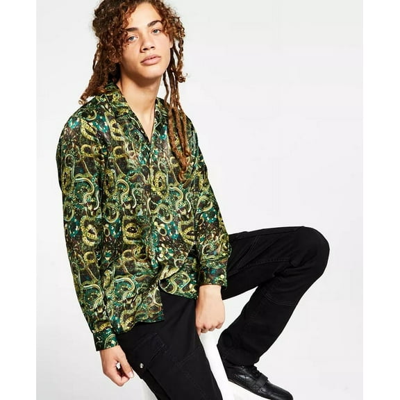 INC International Concepts GREEN LEAF Men's Snake-Print Camp Shirt, US Large