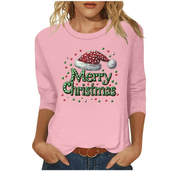 successthop Womens Christmas Top Ugly Graphic Letter 3/4 Sleeve Shirts Lightweight Oversized Crewneck Vacation Clothes