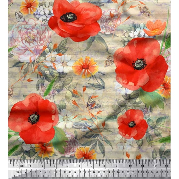 Soimoi Beige Poly Georgette Fabric Leaves & Floral Decor Fabric Printed BTY 42 Inch Wide