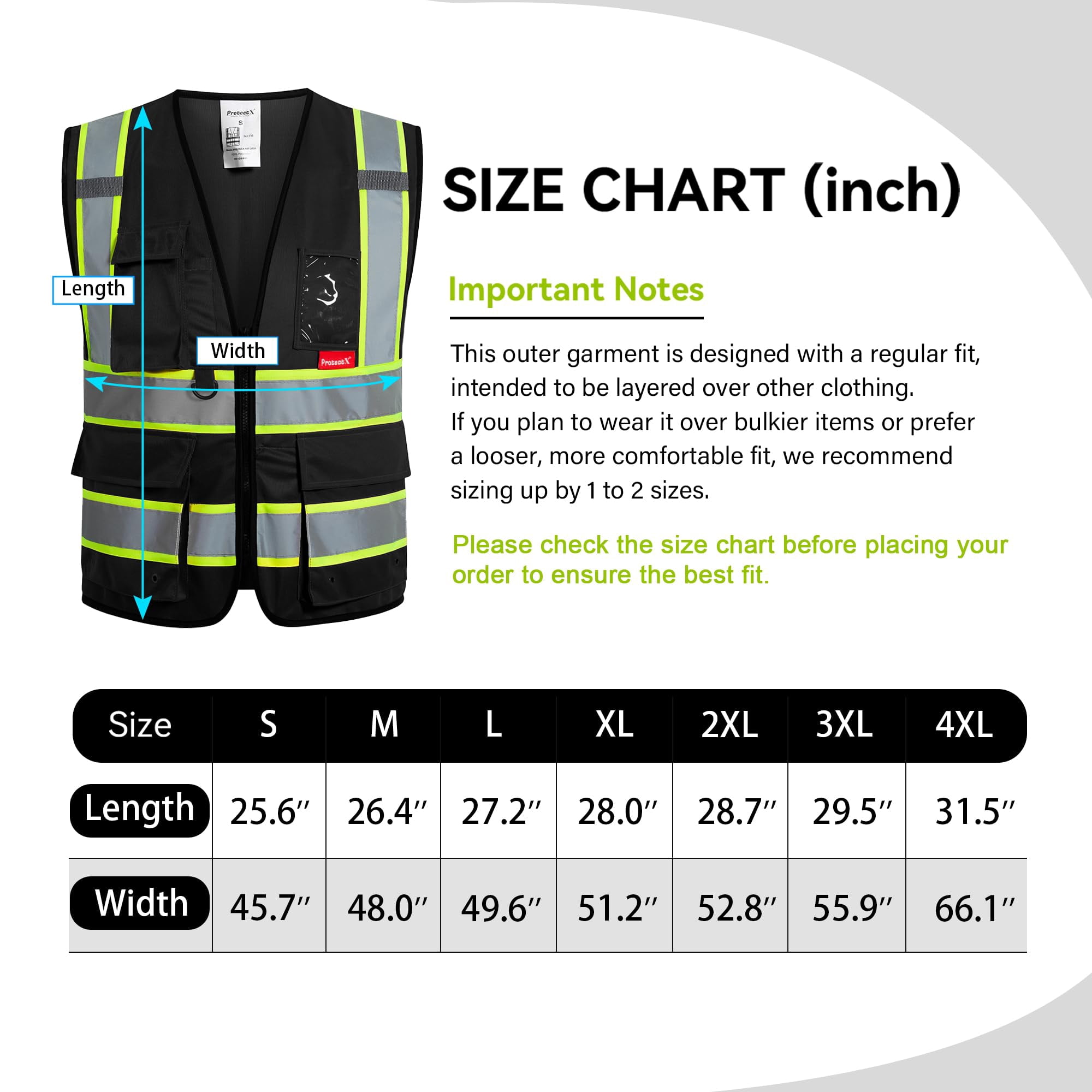 ProtectX Hi Vis Reflective Safety Vest for Men Women High Visibility Construction Work Vest with Pockets Zipper Class 2 Black 4X-Large