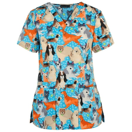 

BallsFHK Women Short Sleeve V Neck Cartoon Pattern Tops Working T-shirts Scrub Tops Women