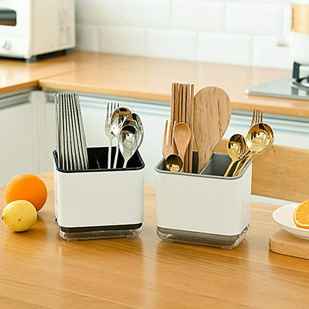Contenedor de almacenamiento para cubiertos de acero inoxidable con orificios de desagüe - Organizador de plástico para utensilios, pajitas, cuchillos y tenedores - 14,18x13,58x10cm