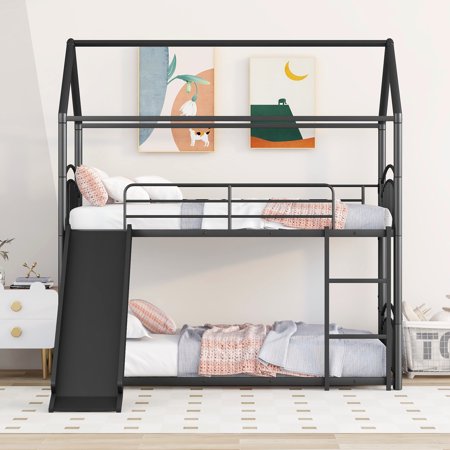 Twin over Twin Metal Bunk Bed with Slide, Kids House Bed, Metal Housebed Bunk Bed Frame for Kids(Black)