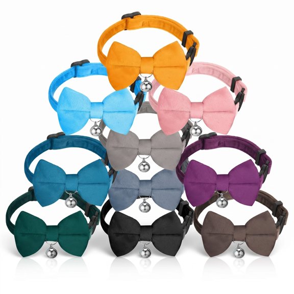 BlinkLLX 10 Pieces Cat Bowtie Collars with Bell Solid Colors Kitten Bow Breakaway Cat Bowtie for Boys Girls Adjustable Pet Collar with Safety Buckle Kitten Puppy Pet Accessories