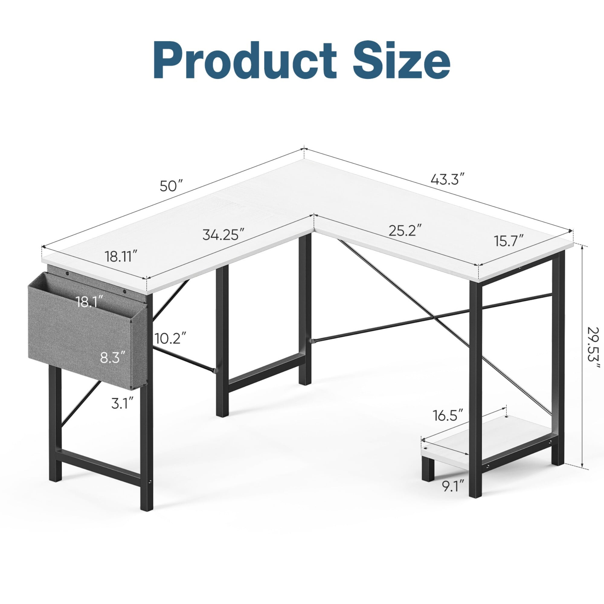 AENKYO 50" Reversible L-Shaped Computer Desk with Storage Bag & CPU Stand, Corner Desk for Home Office or Gaming, White