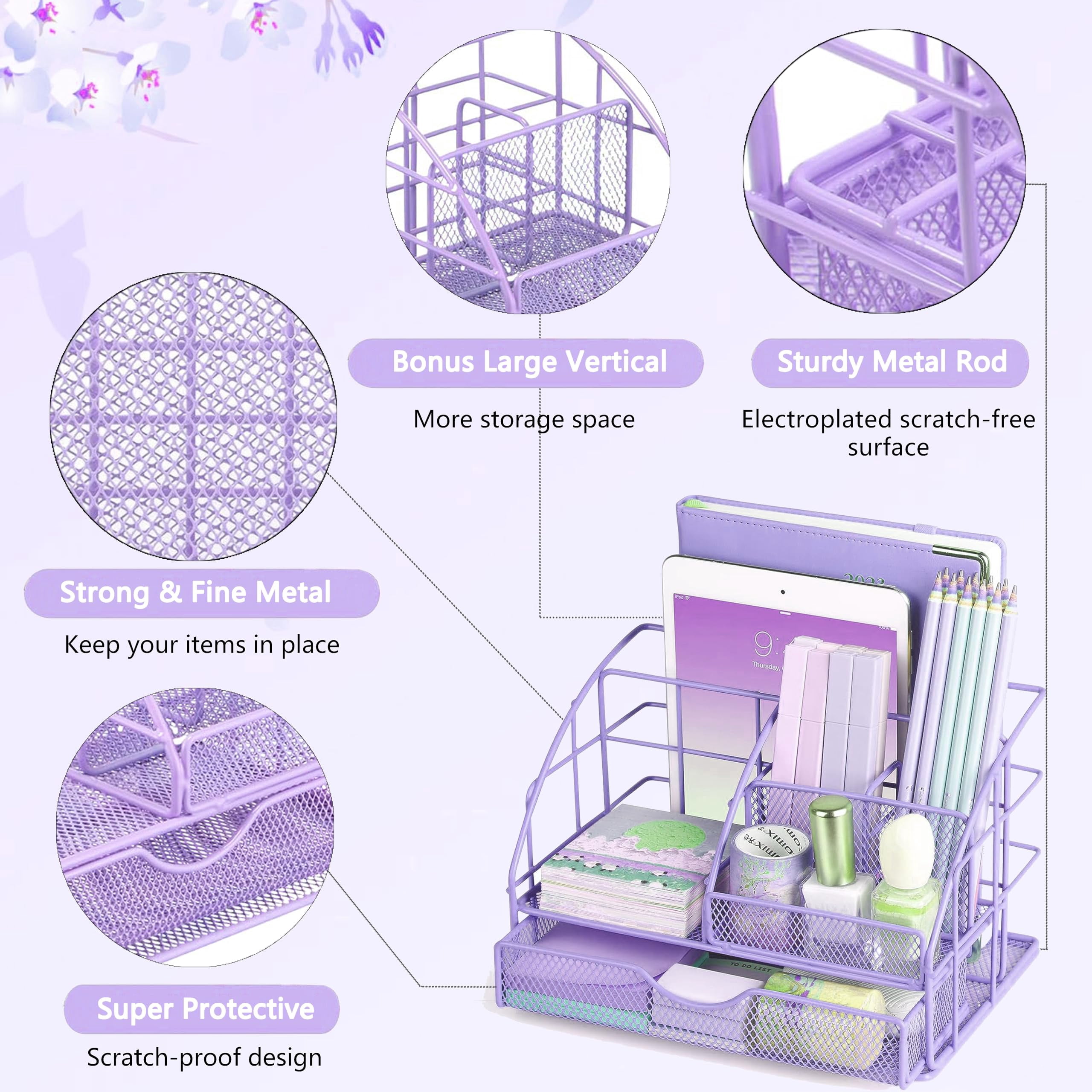 Purple Desk Organizers And Accessories  Office Supplies With Mesh Organizer Tape Dispenser Stapler Staples Ballpoint Pen Clips Set Ruler Scissor Sticky Labels