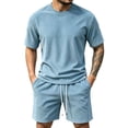 thumbnail image 2 of Mens Casual Oversized Short Sets Corduroy 2 Piece Summer Outfits Raglan Sleeve T-shirts & Shorts Tracksuit Sky Blue, 2 of 9