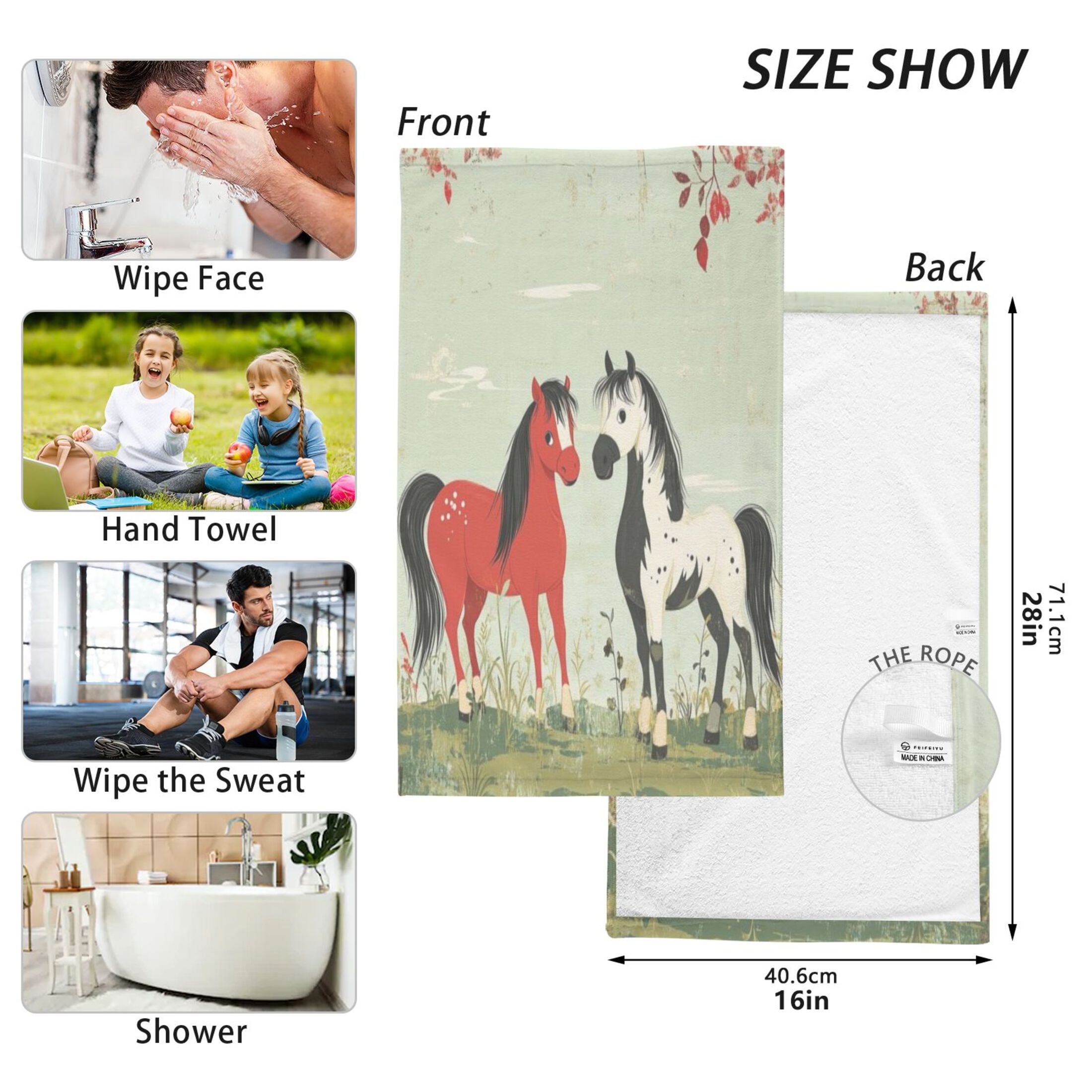 Cotton Towel Two-Piece 16x28 Inch One Sizex2 Face Towel Set Towel Set Cotton Hand Bath Towel Bathroom Beach Black Tailed Horse