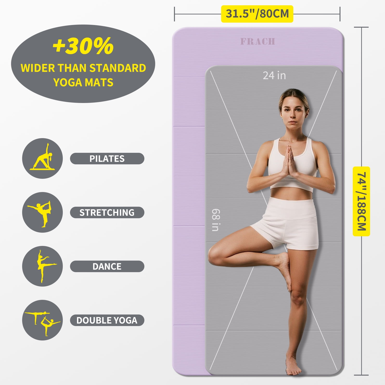 Frach Wide Foldable Yoga Mat Extra Large 75"x32" Fast-Folding & Versatile Use Non-Slip TPE for Workout & Home Gym (Light Purple+Black)